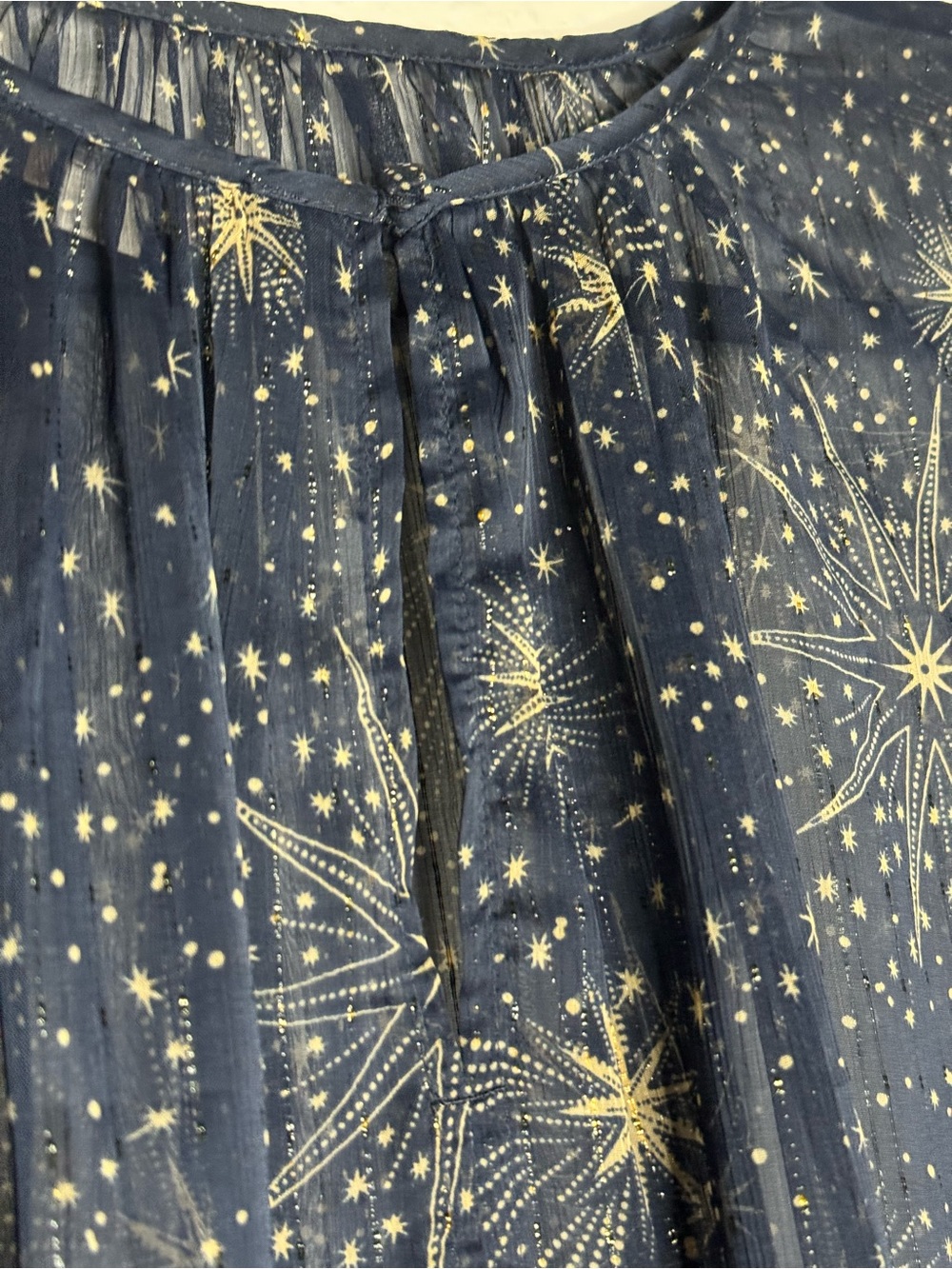 LOFT Celestial Shimmer Ruffle Peplum Blouse Navy Blue Sheer Star Print Sz XL - Picture 8 of 10